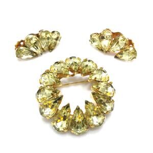 Vintage Jonquil Rhinestone Brooch Earring Set Gold Tone 1960s